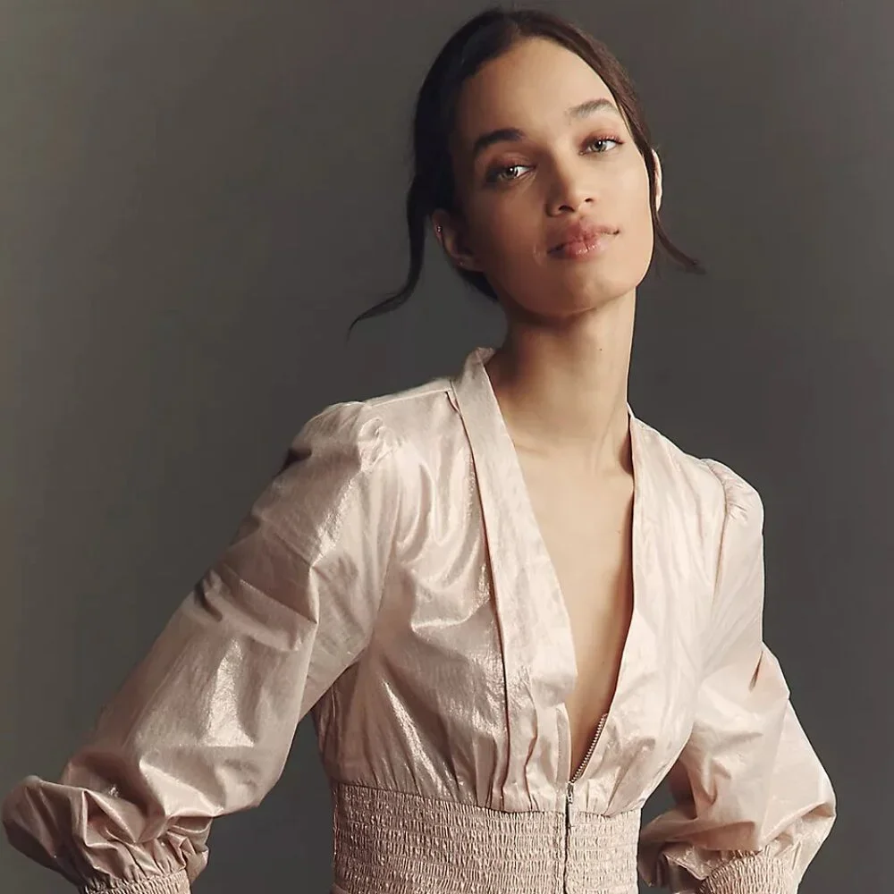 The Tommie Long-Sleeve Shine Smocked Front-Zip Blouse Maeve for Anthropologie - Picture 1 of 12